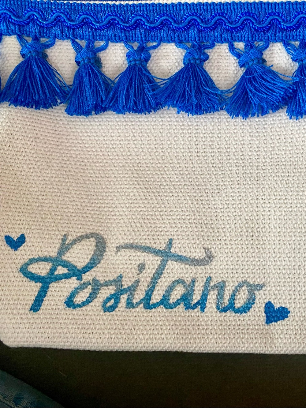 Direct from Positano, Italy: Blue Tassel Trim makeup bag with Script Detail!!